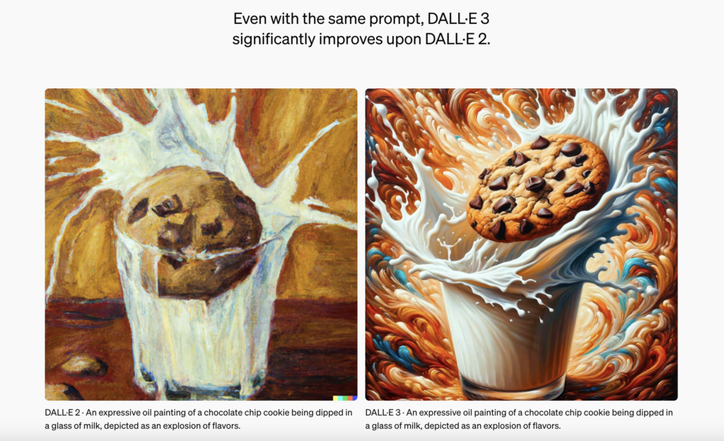 Comparison of two expressive oil paintings of a chocolate chip cookie being dipped in a glass of milk, created using the ChatGPT image generator, with the DALL-E 2 version on the left and the improved DALL-E 3 version on the right.